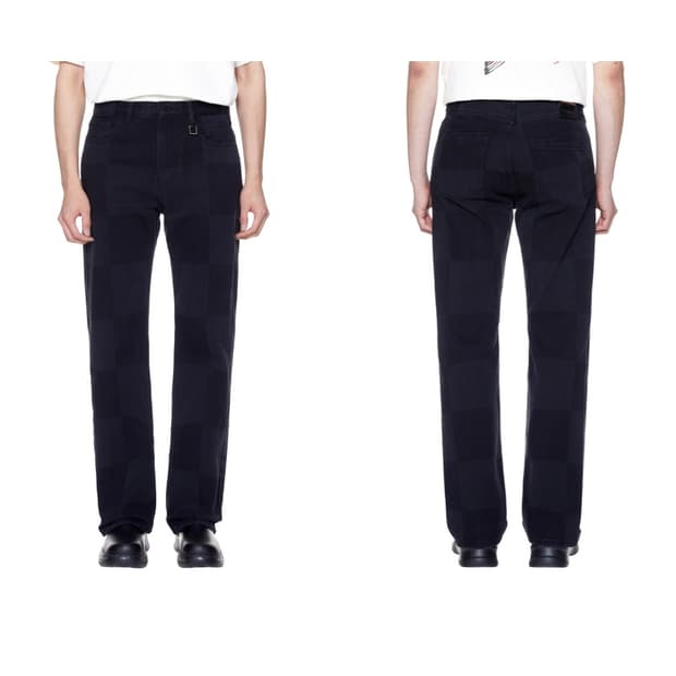 우영미 롱스트레이트 체크 블랙 데님 팬츠