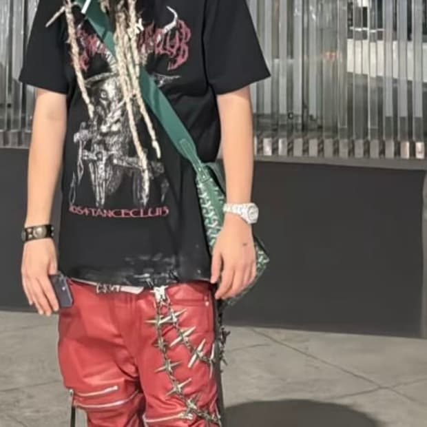 Psy Metal Red Coated Waxed flared jeans