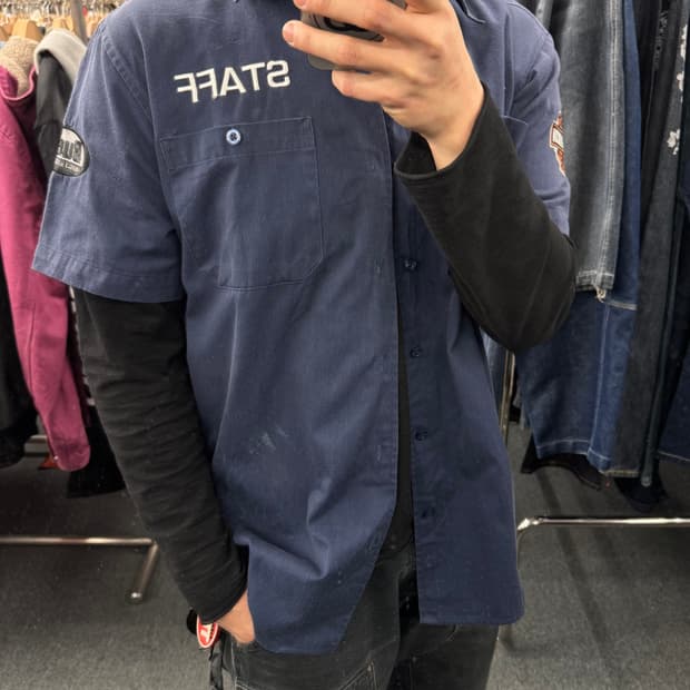 M)할리데이비슨 빈티지 패치 STAFF 자수 네이비 반팔셔츠