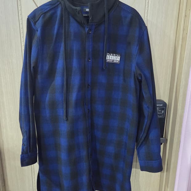 체크 후드 롱셔츠