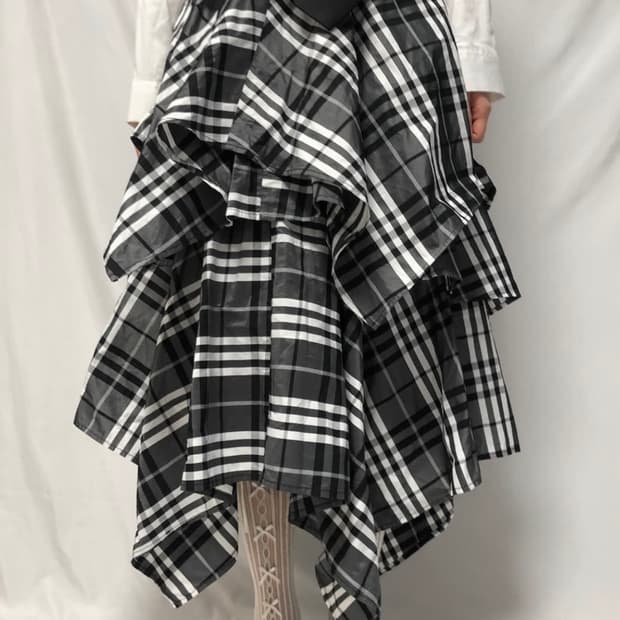 Vintage 빈티지 블랙 체크 프릴 롱스커트