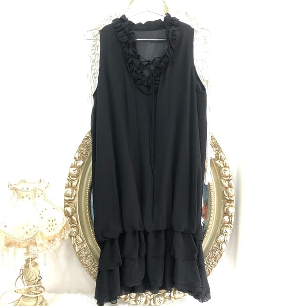 black ruffle neck volume mini dress