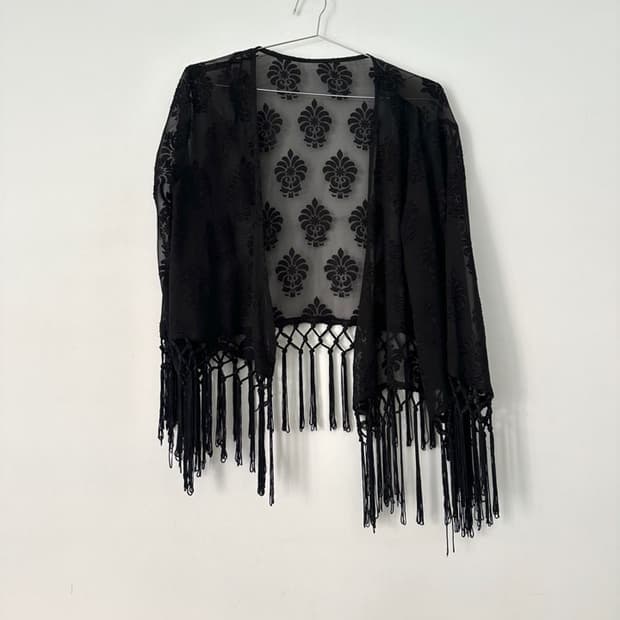 Rose pattern fringe cardigan / black