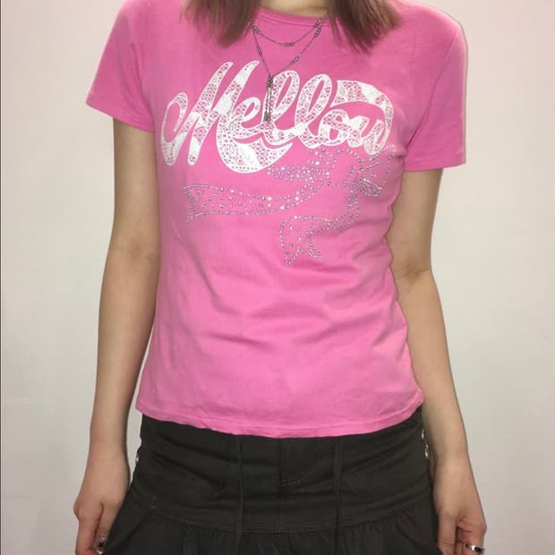 일본 빈티지 핑크 리본 비즈 티셔츠