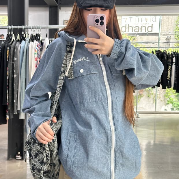 스투시 90s 자수로고 데님 후드집업