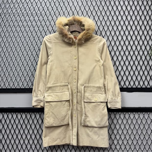 90s 입생로랑 YSL 코듀로이 롱 파카 퍼후드 포켓 포인트 베이지