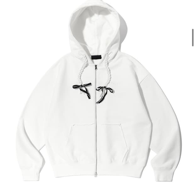 유희 RIBBON DETAIL HOOD ZIP-UP WHITE