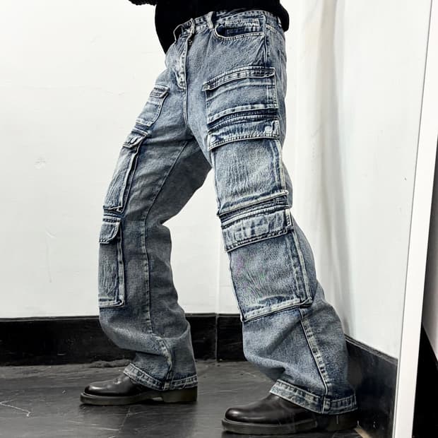 SmokeRise 멀티포켓 와이드 데님 카고 팬츠