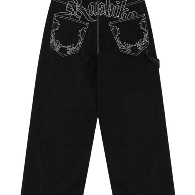 카시코 자수 논페이드 데님 팬츠 블랙