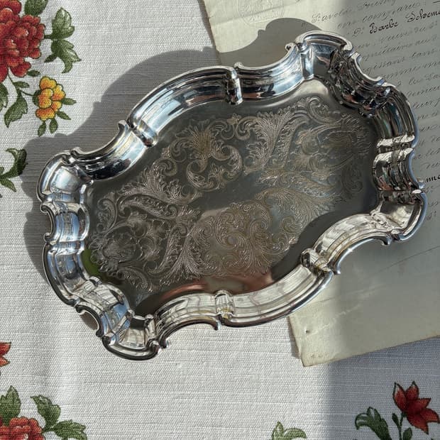 빈티지 실버플레이트 스캘럽림 트레이