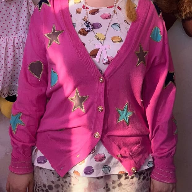 jpn 핫핑크 하트 별 데코 가디건