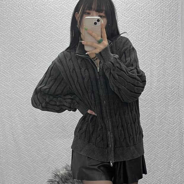 트릴리온 빈티지 아메카지 꽈배기 니트 집업 가디건 M C09305