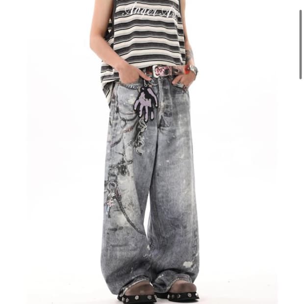 Verbless chain print denim pants