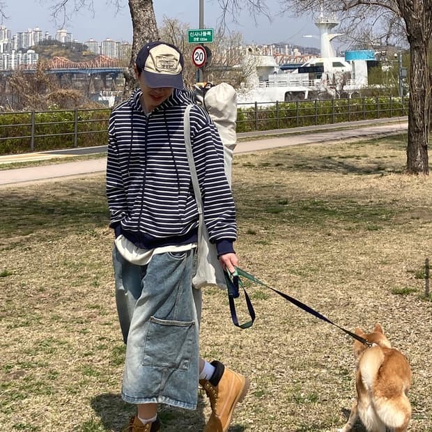 네이비 스트라이프 후드 집업 