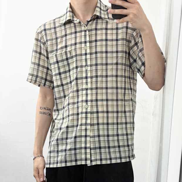 입생로랑 시스루 체크 반팔 셔츠