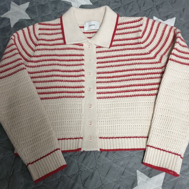 에이치모드  로빈 스트라이프 메리노울 크롭 카라 가디건 레드 (F)