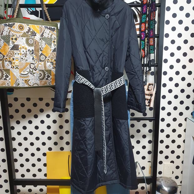 리얼 무스탕 카라 주머니 패딩 롱코트 M