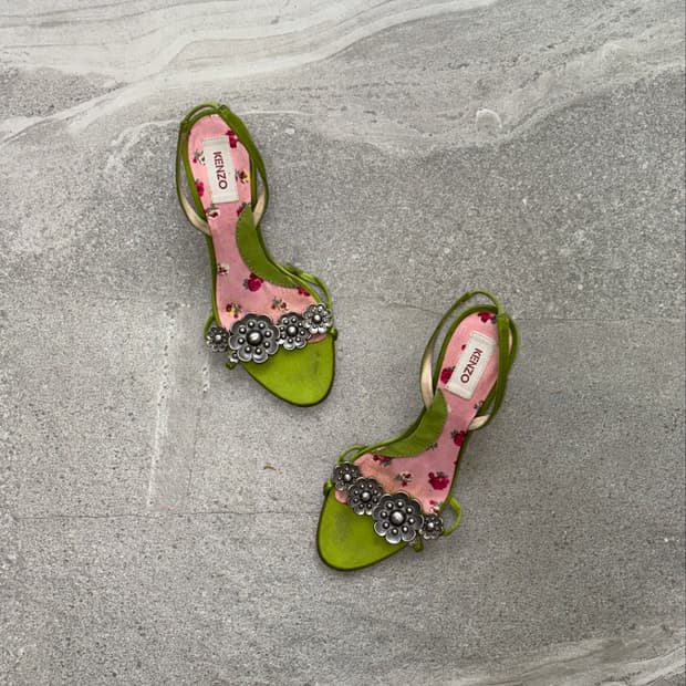 Kenzo lime metal flower sandal heels