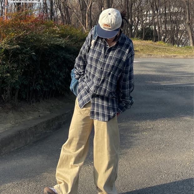 빈티지 오버핏 포켓 긴팔 체크셔츠