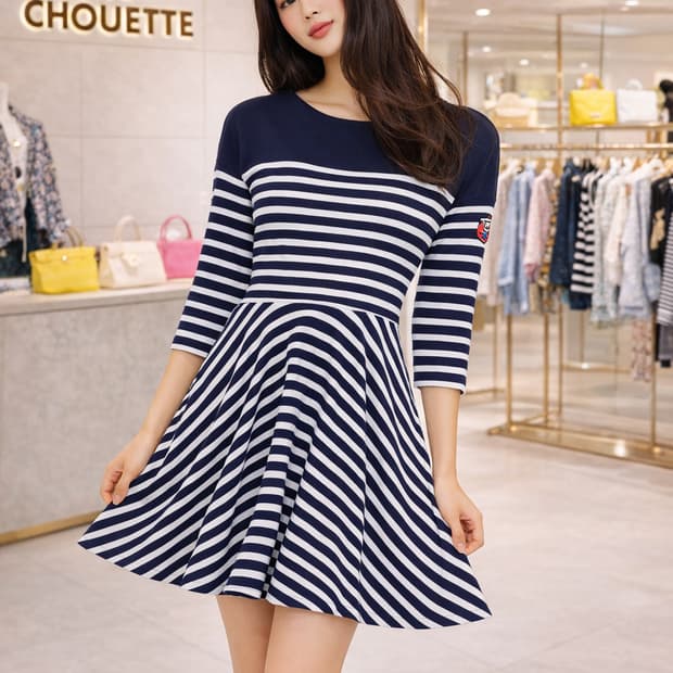 럭키슈에뜨 스트라이프 플레어 원피스