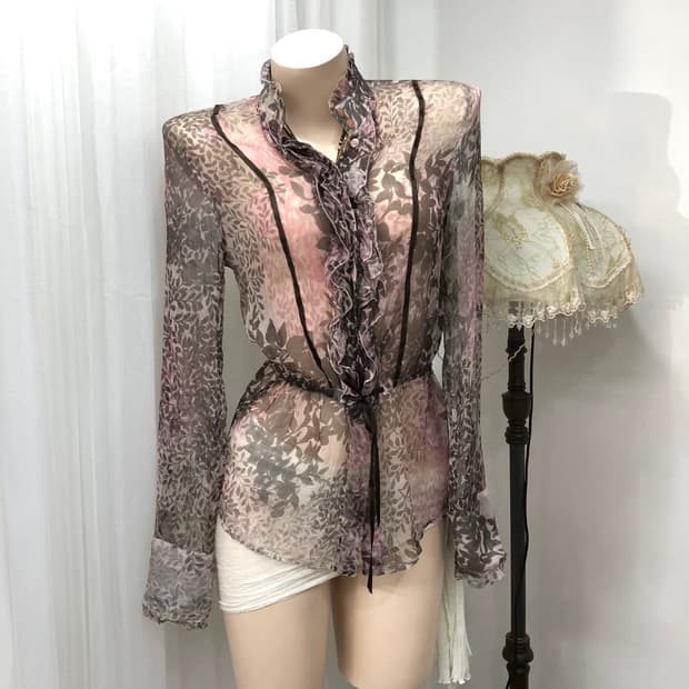 pink leaf pattern frill sheer top