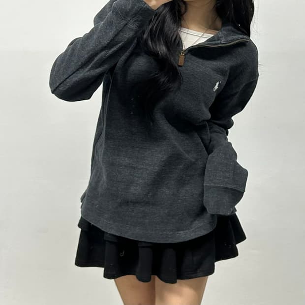 폴로 랄프로렌 핀터깔 차콜 그레이 하프집 코튼 니트 반집업(M)