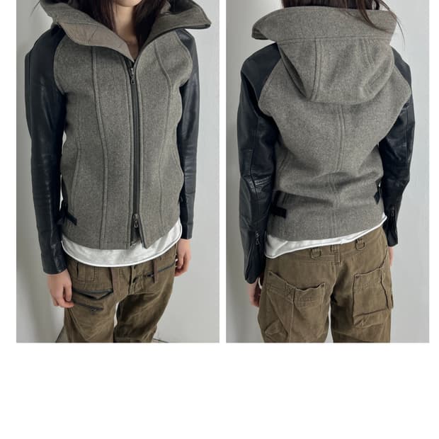 어태치먼트 (Attachment) 레더암 하이넥 멜톤 울 자켓