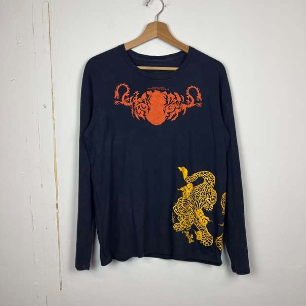 JPN DALUC 블랙 용 호랑이 프린팅 긴팔티 M