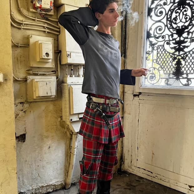 버버리 런웨이 스커트탈부착 울체크본디지 팬츠