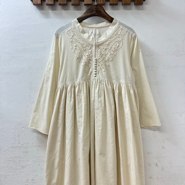 일본빈티지 Cepo 플라워 자수 모티브 요크 레이스 코튼 블라우스 원피스