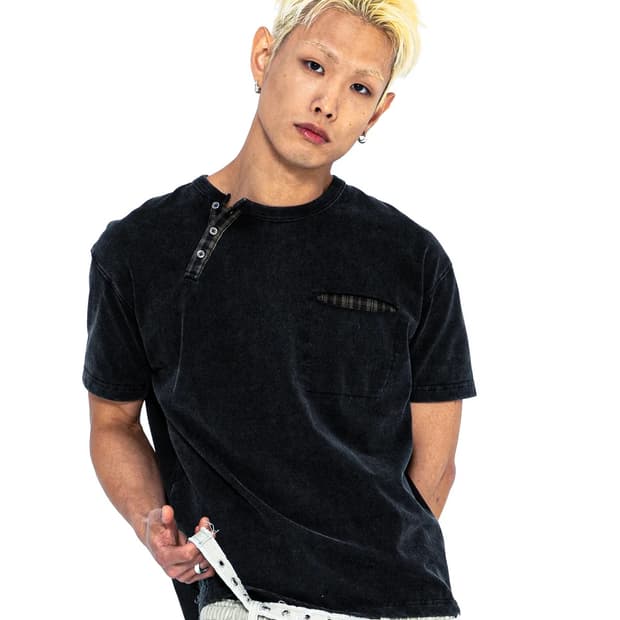 xtonz xtt154 체크 헨리넥 워싱 크롭 티셔츠