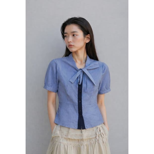 하늘 소라 리본 블라우스 셔츠