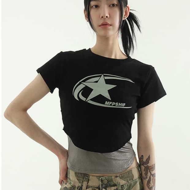 (새상품) 로컬맨션 스타 프린티드 코튼 하프 티 블랙