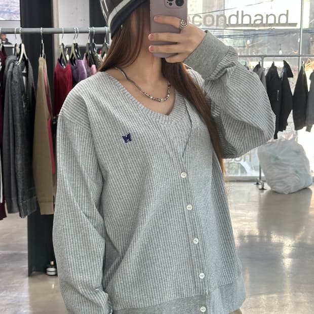 니들스 시어서커 저지 브이넥 가디건