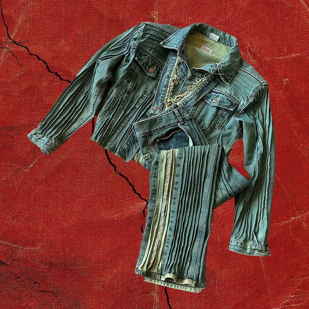 Japanese 90s 그린 워싱 주름가공 리메이크 데님 셋업 105