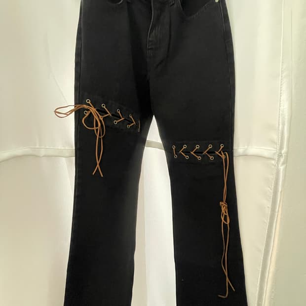 블랙 레이스업 부츠컷 데님 팬츠 