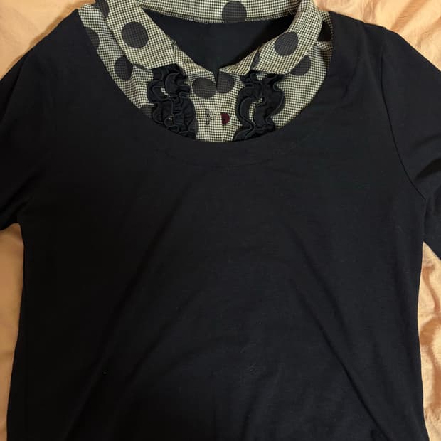 큐트 일본 빈티지 블랙 체크 도트 프릴 긴팔티