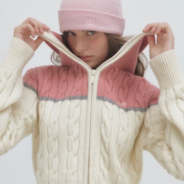 그로브 그로브스토어 제이 배색 핑크 이중지퍼 니트 집업 가디건 F