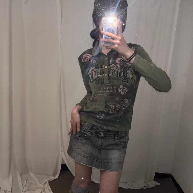 00‘s 카키 페어리 프린팅 카라 롱슬리브