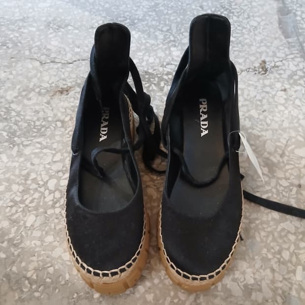 [PRADA] 새틴 레이스업 플랫폼 에스파드리유