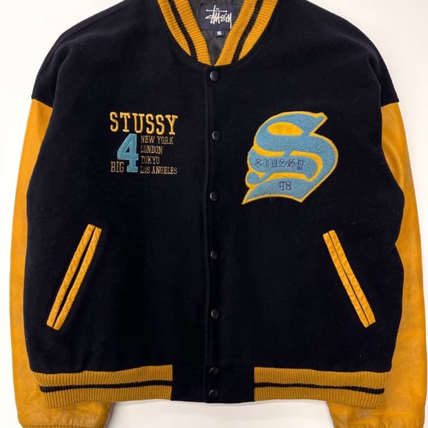 스투시 90’s big4 바시티 자켓 옐로우 다크네이비