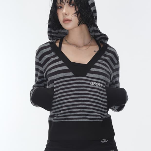 애즈온 릴리 스트라이프 후디 블랙
