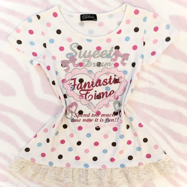 헤이세이 도트 땡땡이 하트 레터링 반팔 탑 히메갸루 조지후쿠 키치