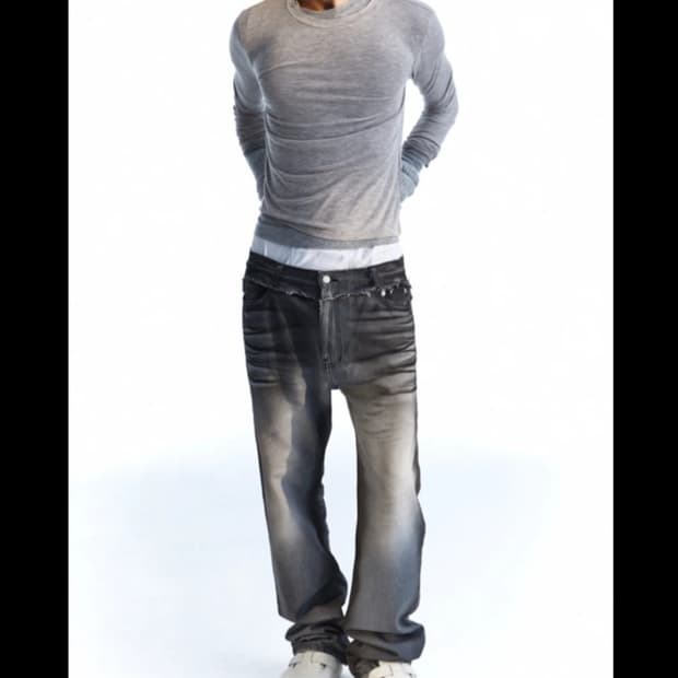 00'S 더티 코팅 오일 워시드 데미지 라이트 그레이 플레어 데님 무명