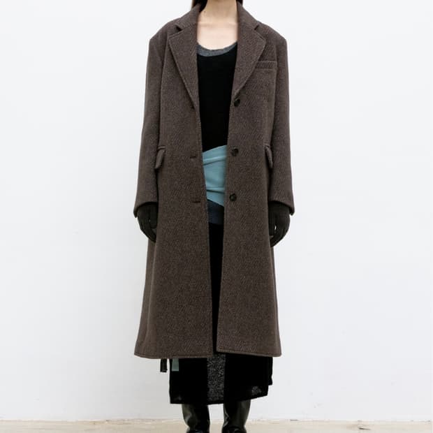 쿠어  울 블랜드 트윌 싱글 코트 멜란지브라운 S