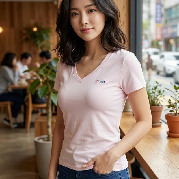 봄기본템 | 게스 브이넥 슬림핏 반팔티 M(95) | 여리핏 라이트핑크