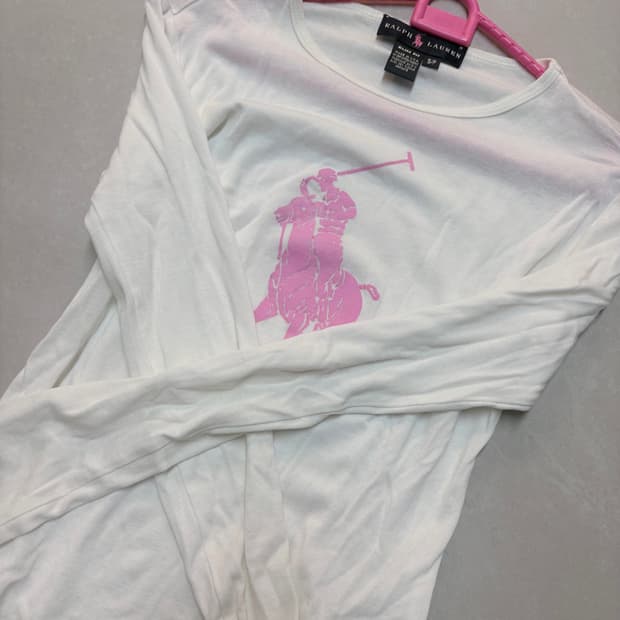 폴로 랄프로렌 화이트 핑크 슬림핏 슬리브 롱 긴팔 티셔츠 흰핑 