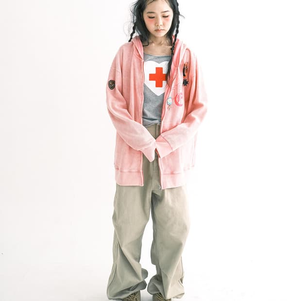 color washing waffle zipup (neon pink)