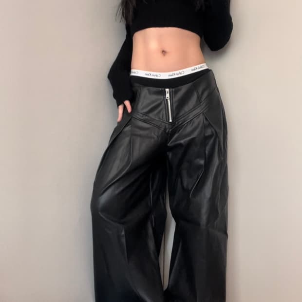 black leather wide-fit pants
