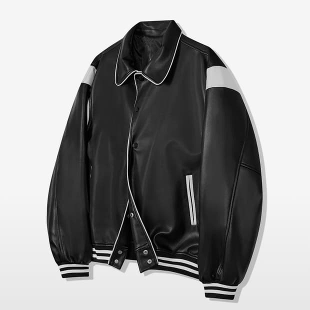 공용@무신사 ) 스탠다드 에러 ) 파이핑 카라 바시티 레더 자켓 블랙